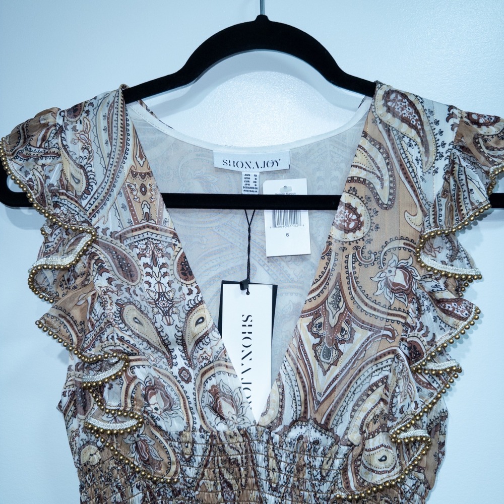 Shona Joy Brown Paisley Pallenberg Shirred Maxi Dress 6 NWT - Picture 3 of 7